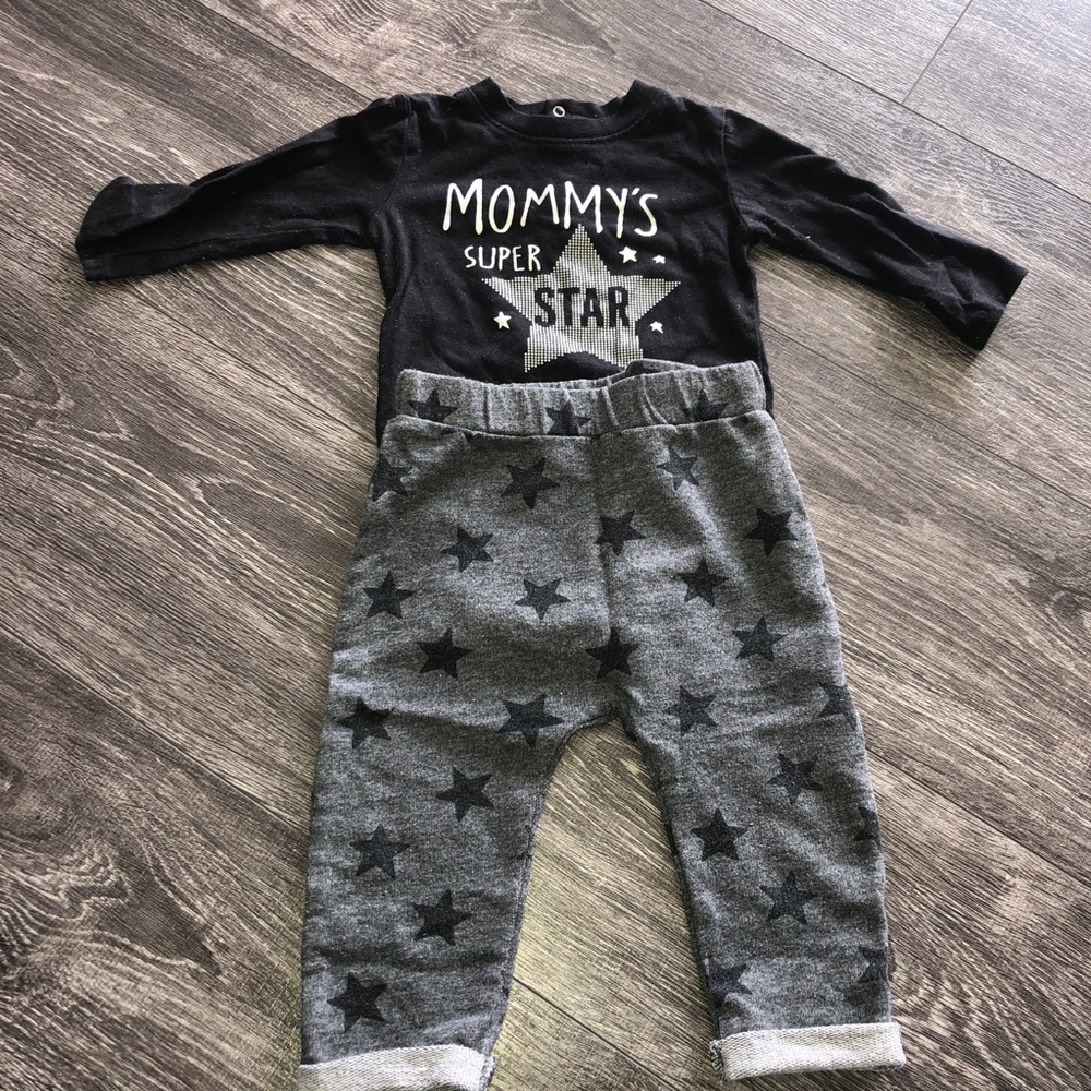 Black long sleeve onsie & grey sweat pants w stars